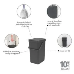 Brabantia Sort & Go Afvalemmer / Opberger 16 L - Donkergrijs -Brabantia 10231124
