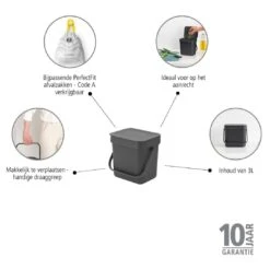 Brabantia Sort & Go Afvalemmer 3 L - Donkergrijs -Brabantia 11140561
