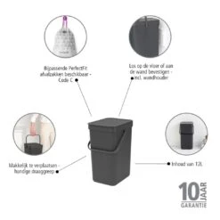 Brabantia Sort & Go Afvalemmer / Opberger 12 L - Donkergrijs -Brabantia 11140571