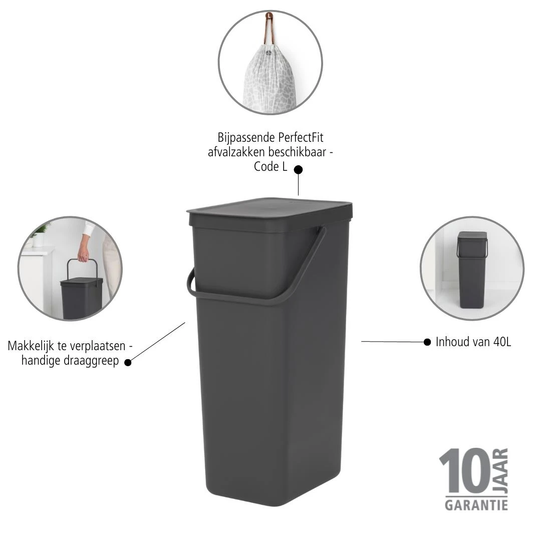 Brabantia Sort & Go Afvalemmer 40 L - Donkergrijs 21 Brabantia Sort & Go Afvalemmer 40 L - Donkergrijs - Afbeelding 19