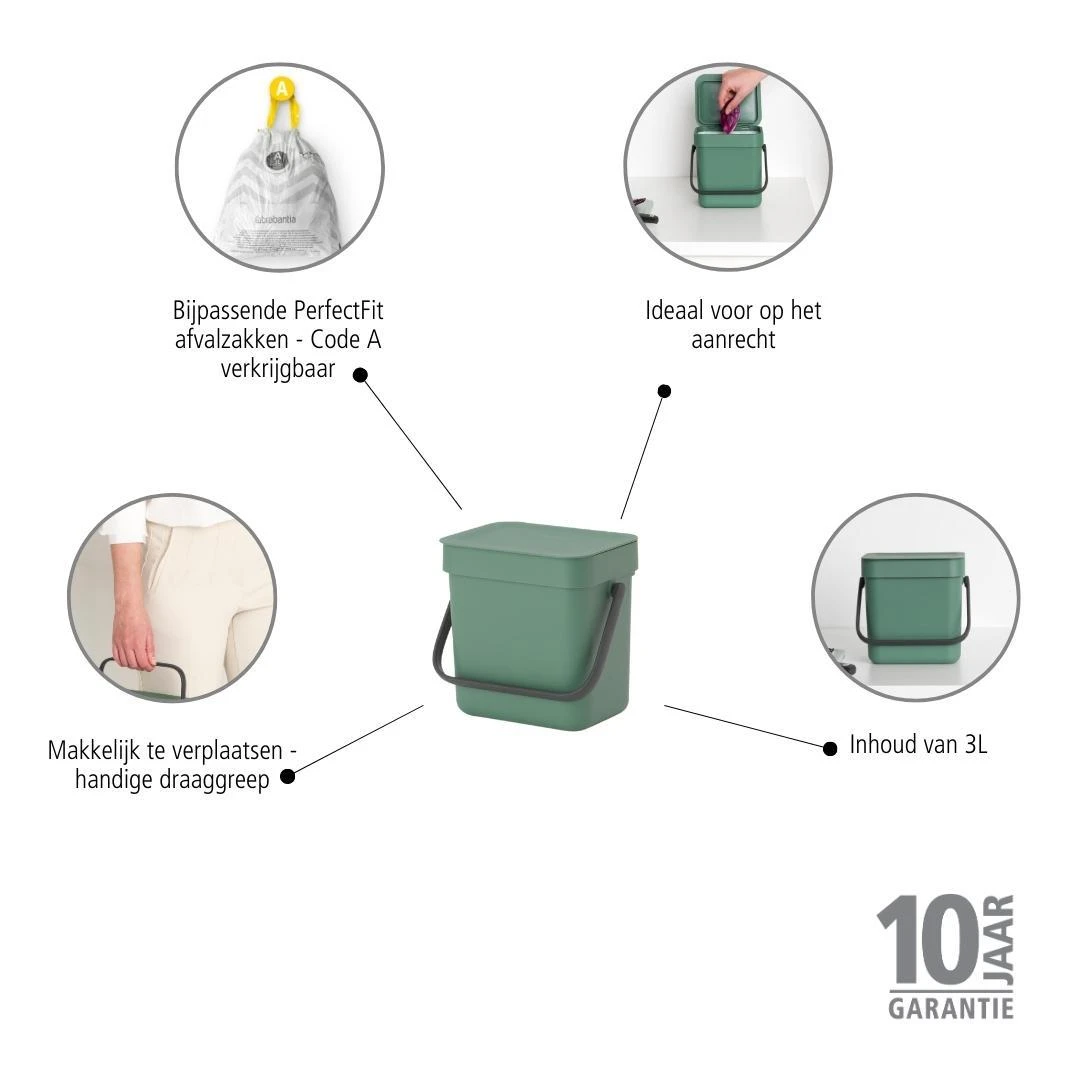 Brabantia Sort & Go Afvalemmer 3 L - Groen 16 Brabantia Sort & Go Afvalemmer 3 L - Groen - Afbeelding 14